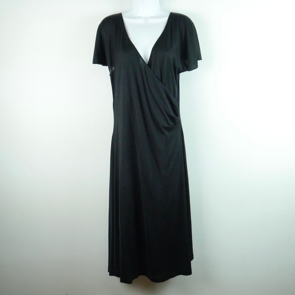 Lauren Ralph Lauren Black 100% Silk Jersey Faux Wrap Midi Dress Luxury Large NWT